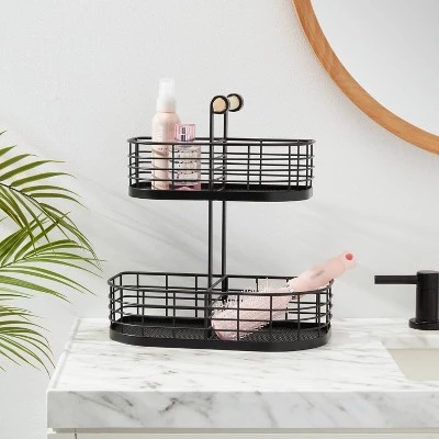 2 Tier Divided Wire Basket with Wood Handle Black - Brightroom™ 3 2 Tier Divided Wire Basket with Wood Handle Black - Brightroom™