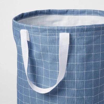 Scrunchable Round Laundry Hamper Blue Stitch Grid - Brightroom™ 4 Scrunchable Round Laundry Hamper Blue Stitch Grid - Brightroom™ - Image 2