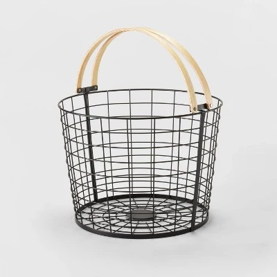 Round Black Wire with Natural Wood Handles Floor Basket - Brightroom™ 5 Round Black Wire with Natural Wood Handles Floor Basket - Brightroom™ - Image 3