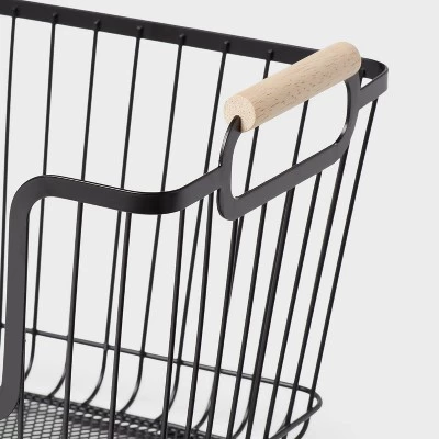 Metal Stackable Wire Pantry Basket with Rubber Wood Handle Black - Brightroom™ 5 Metal Stackable Wire Pantry Basket with Rubber Wood Handle Black - Brightroom™ - Image 3