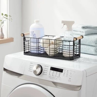 Wire Divided Basket Black with Natural Wood Handles - Brightroom™ 3 Wire Divided Basket Black with Natural Wood Handles - Brightroom™